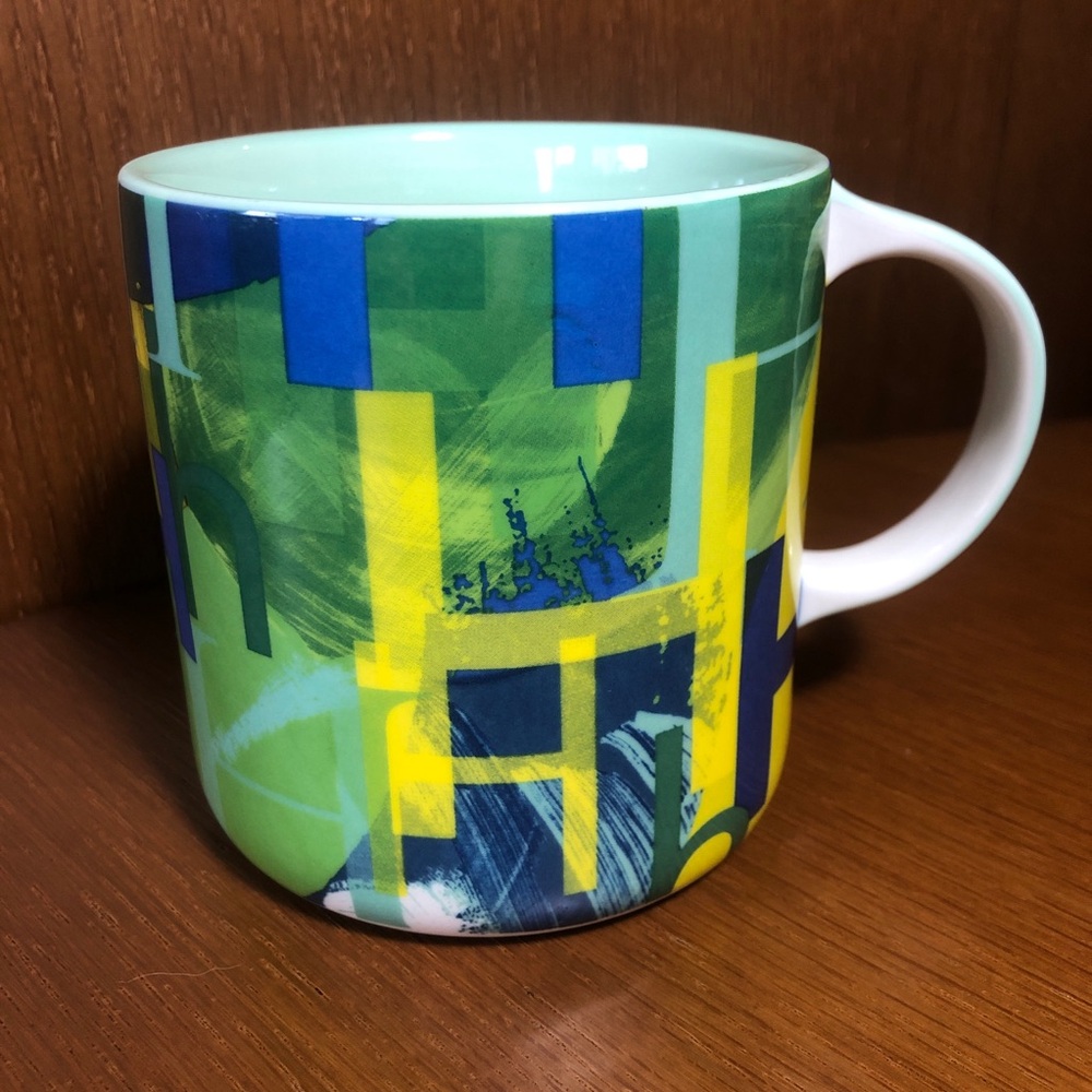 Anthropologie Monogram H Mug ✨ Coffee Tea Ceramic Green Yellow Blue
